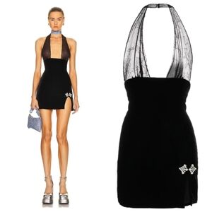 New Alessandra Rich Black Crystal Embellished Lace Halterneck Minidress NWT